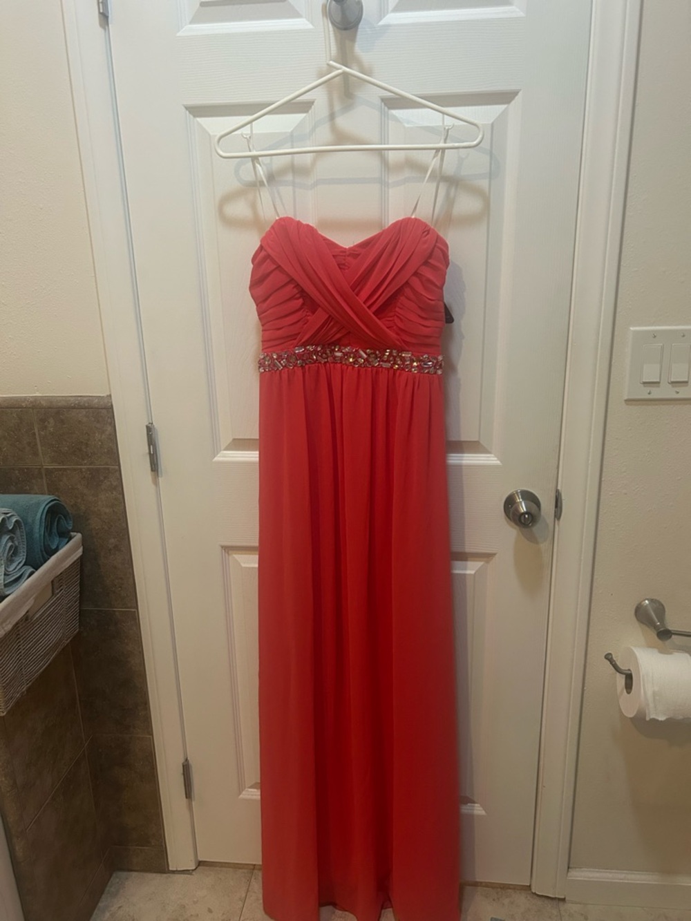 2016 Coral Strapless cross Beaded back and Empire Waist Gown